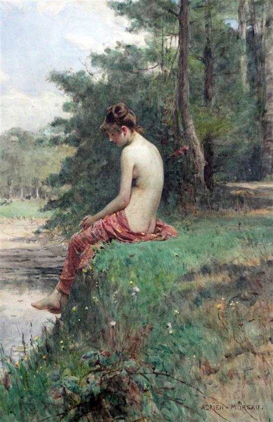 Adrien Moreau (1843-1906) Female bather on a river bank 19.5 x 13in.